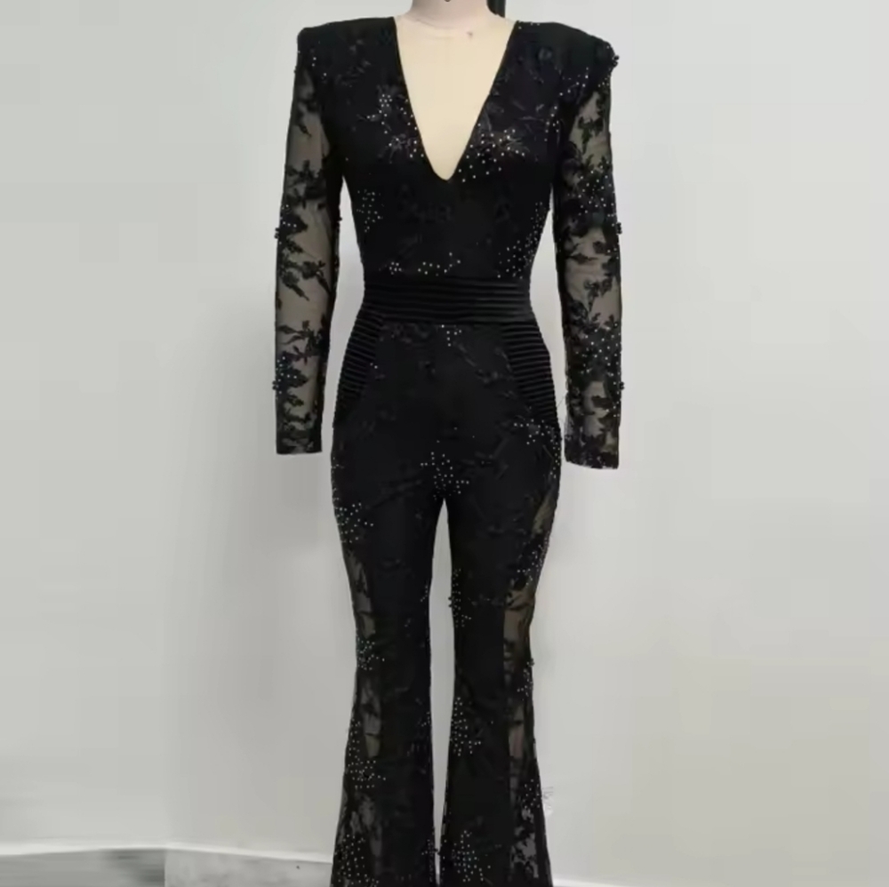 New Sexy Long Sleeve Floral Diamonds EmbroideryJumpsuit Women Black V Neck Mesh - Picture 7 of 9